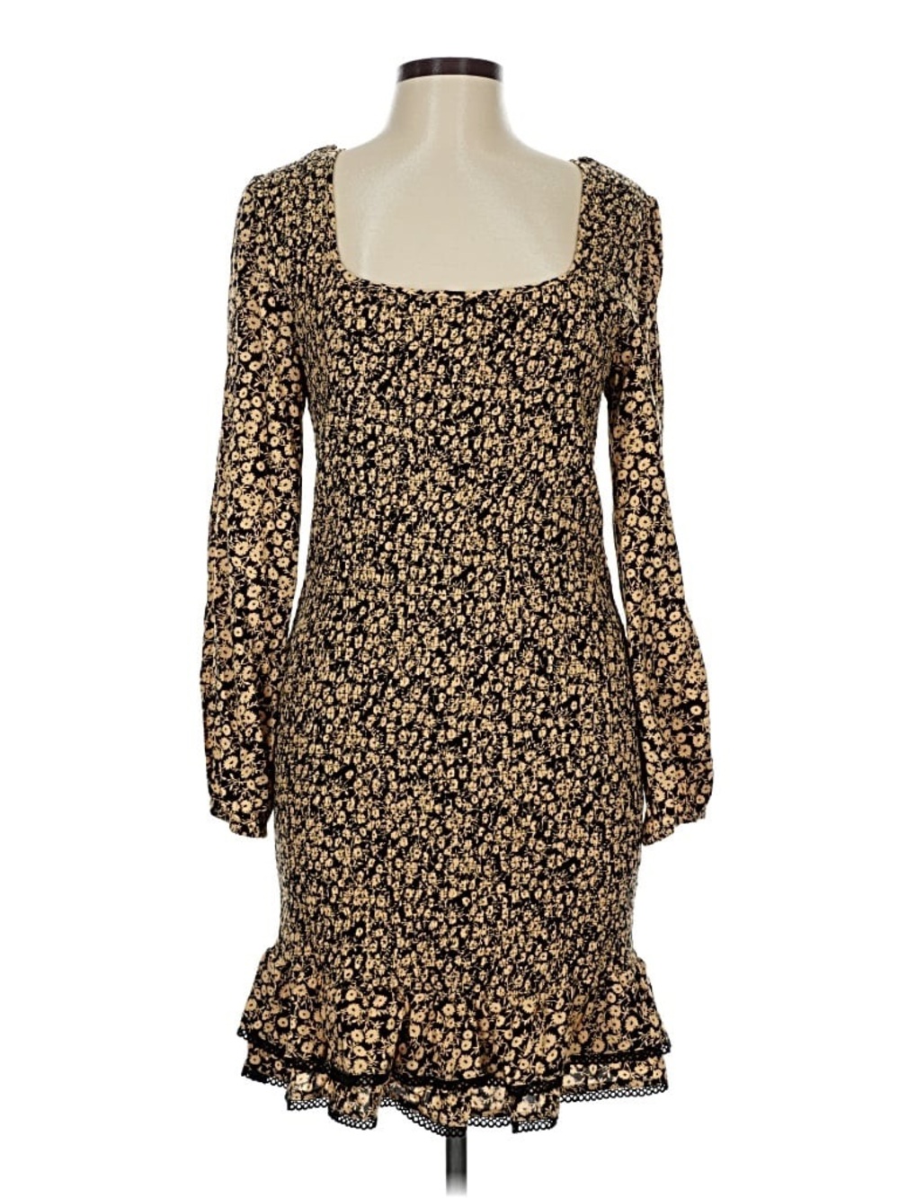 Lost + Wander Black & Cream Floral Long-Sleeve Square-Neck Mini Dress